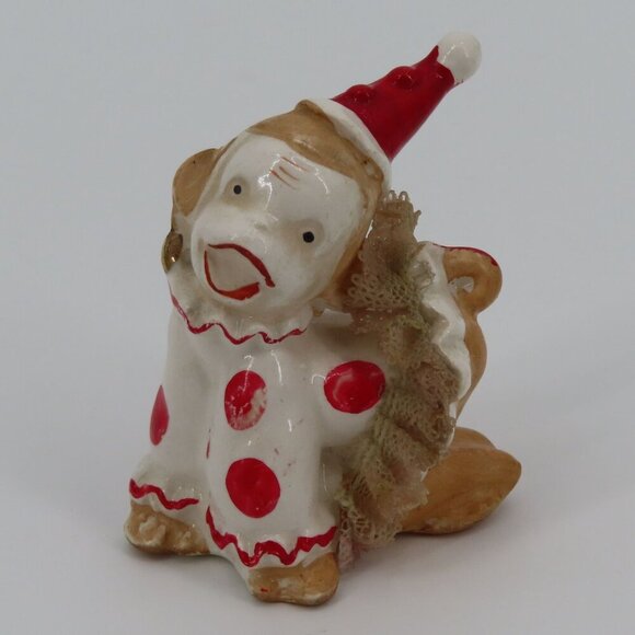 Vintage Circus Clown Monkey Ceramic Figurine 2.6in Red Polka Dot Tutu Skirt Hat - Picture 8 of 9